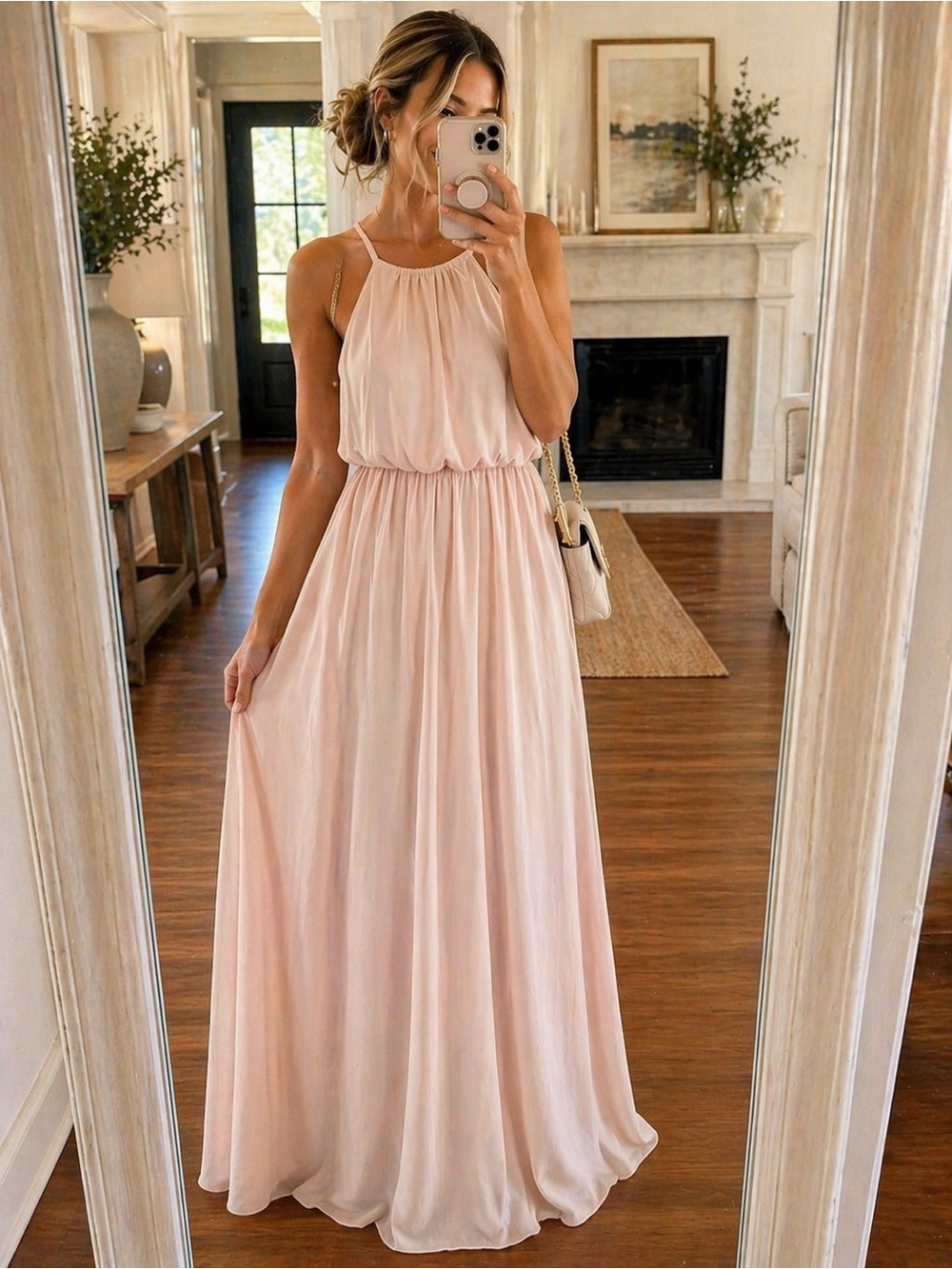 Show Me Your Mumu Blush Maxi Dress | Flowy Halter Boho Wedding Guest